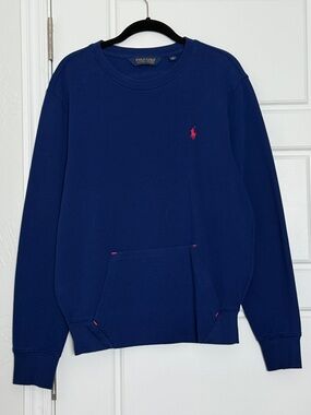 polo golf ralph lauren crewneck front kangaroo pocket in blue/red embroidery